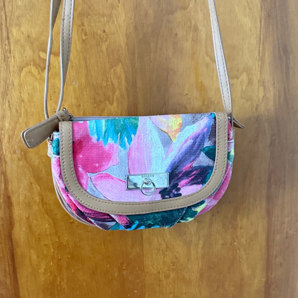Floral Crossbody Bag with Pink and Blue Accents
